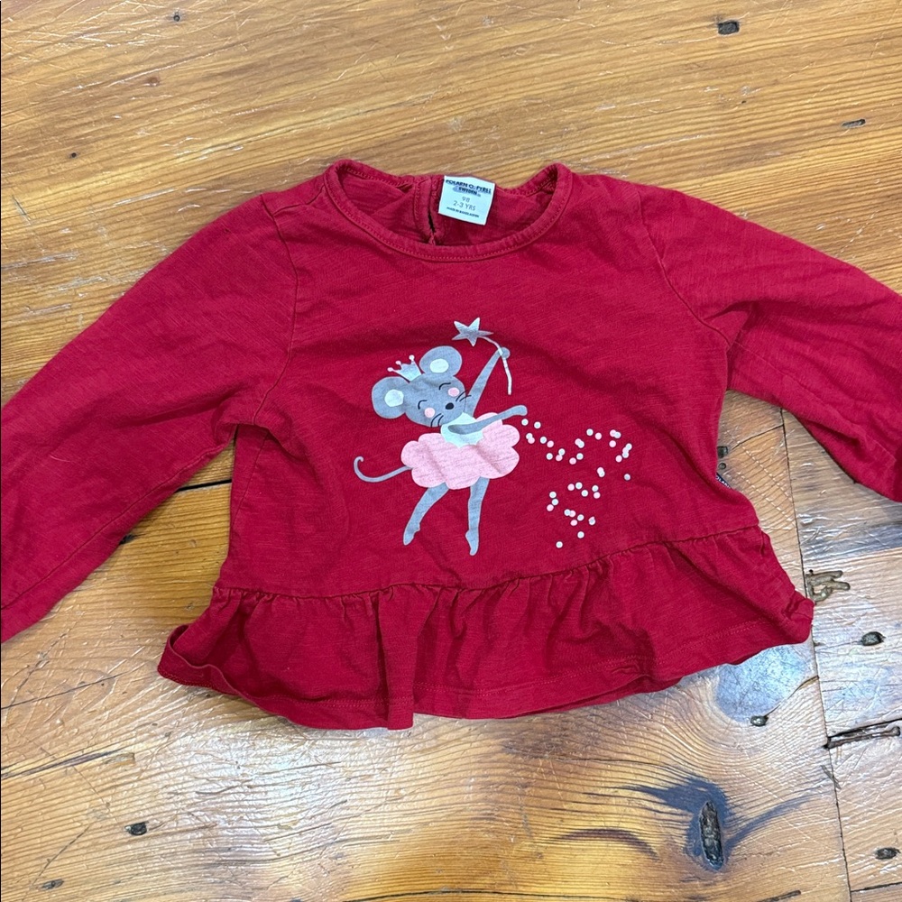 Polarn O. Pyret Organic Red Mouse Ballerina Long Sleeve Tee Size 2 to 3 years